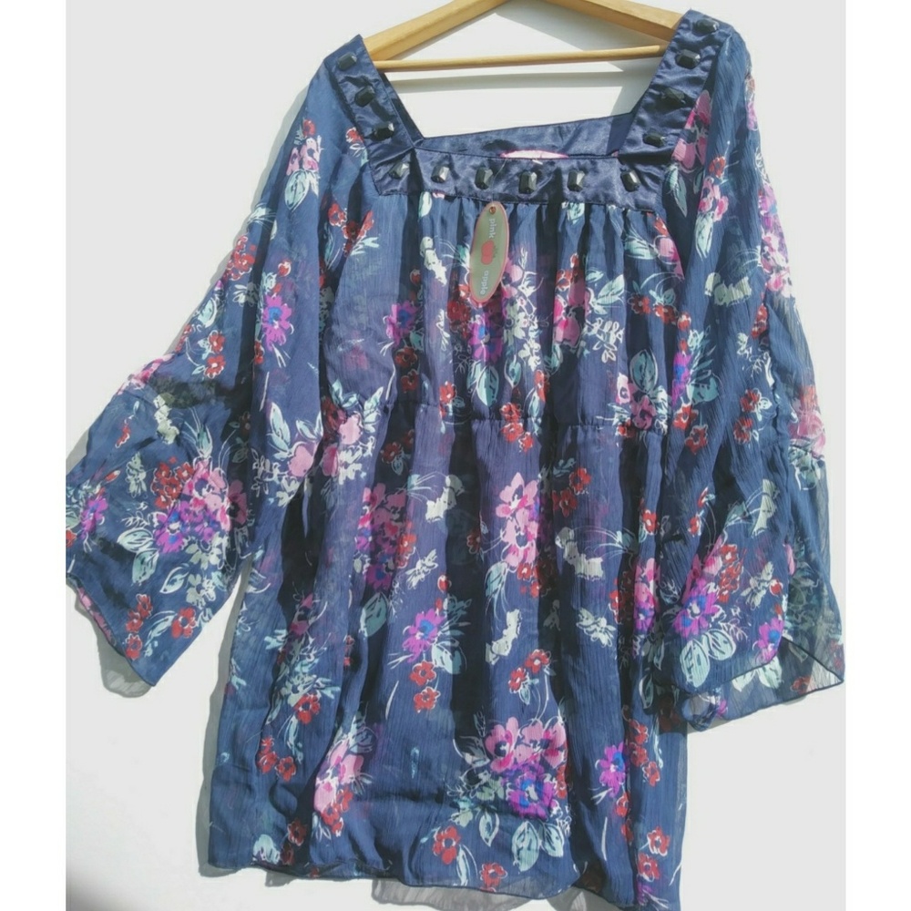 Pink Apple sheer boho blue flower print tunic 3X